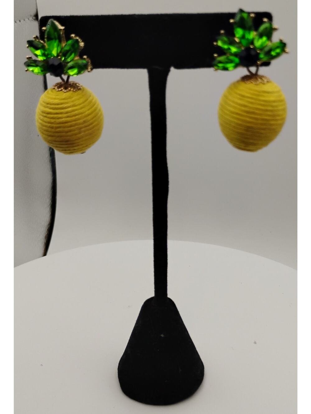 Vintage 1960s–70s Lemon Fruit Dangle Earrings –Rhinestone Leaves, wrapped thread